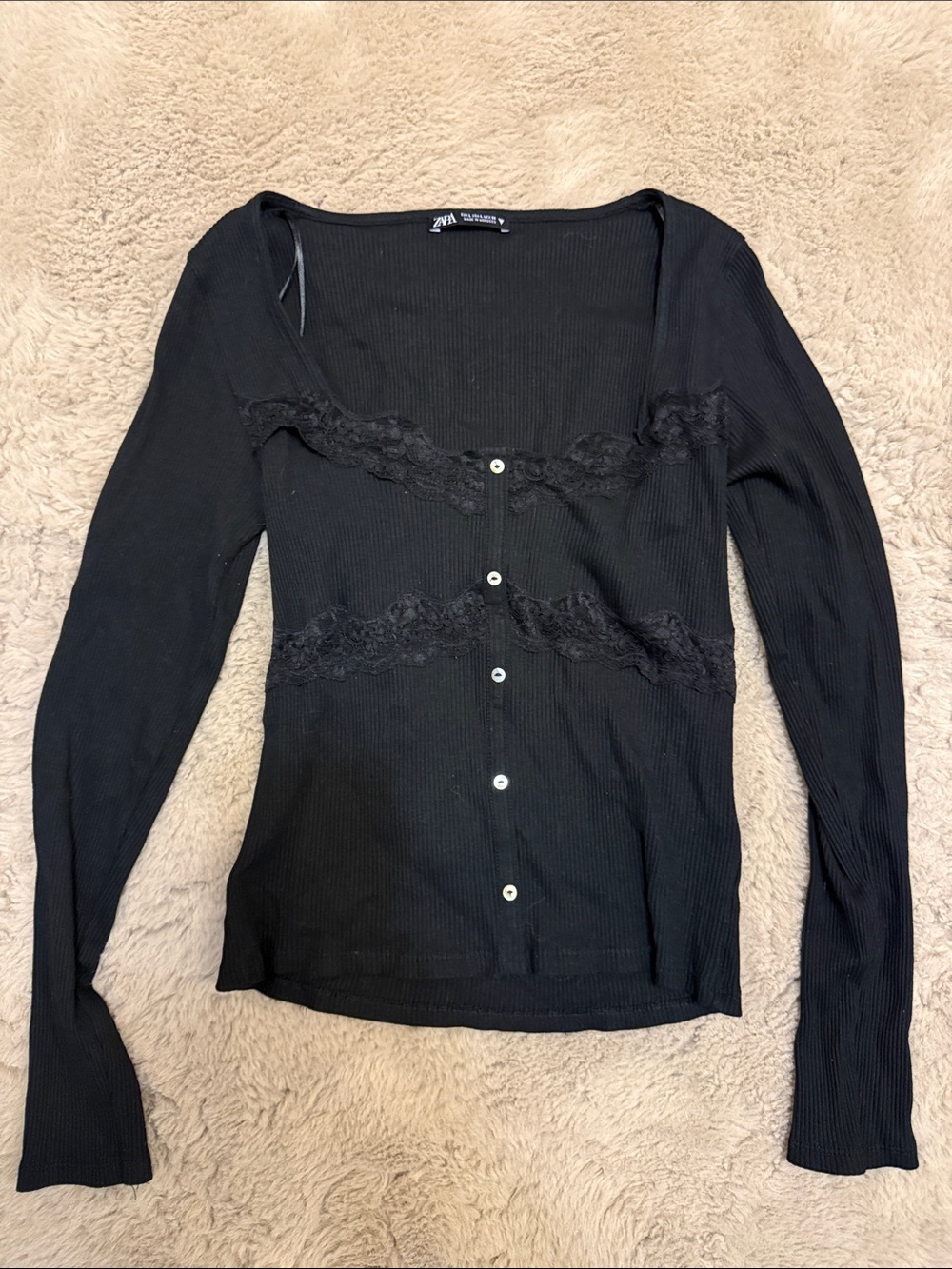 Zara Black Lace-Trim Ribbed Button-Up Top